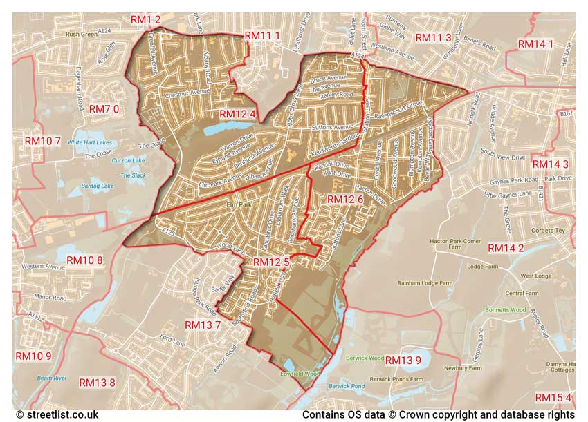 map showing postcode sectors within the RM12 district