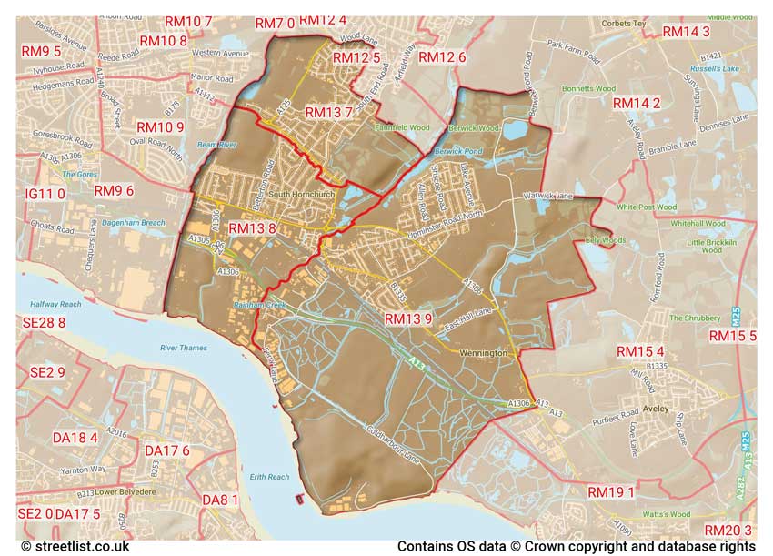 map showing postcode sectors within the RM13 district