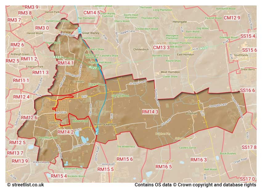 map showing postcode sectors within the RM14 district