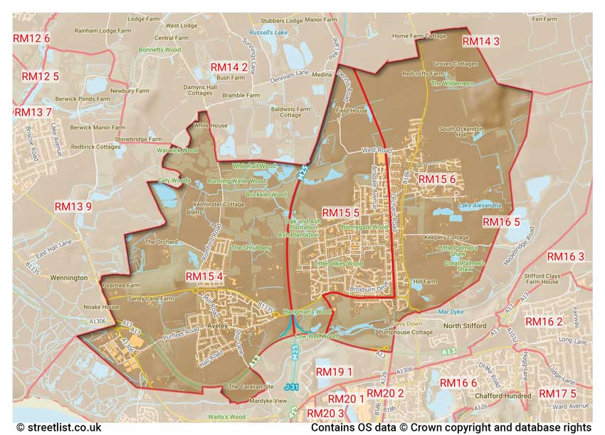 map showing postcode sectors within the RM15 district