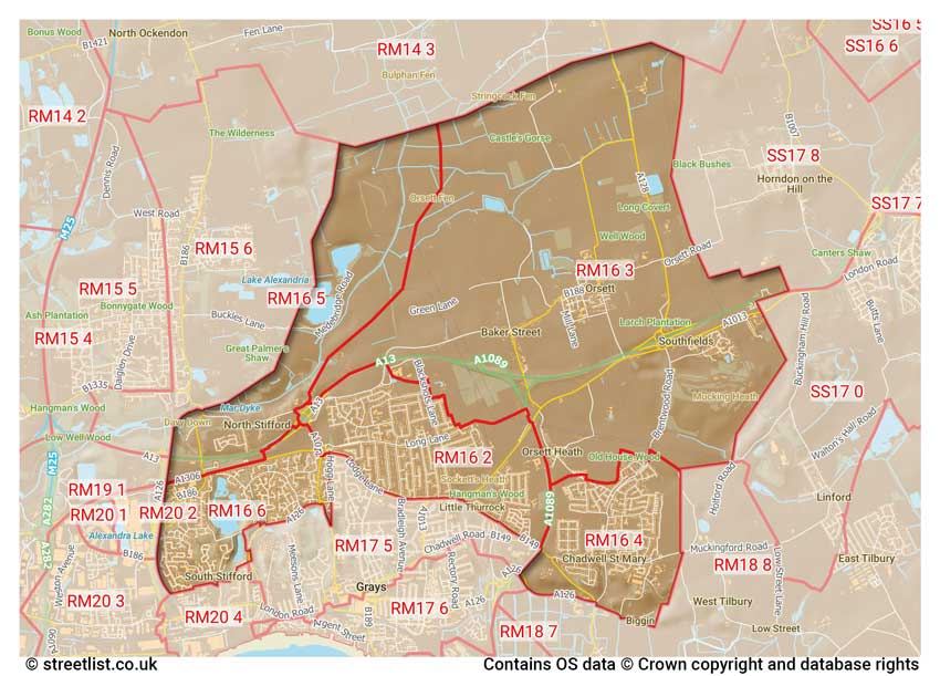 map showing postcode sectors within the RM16 district