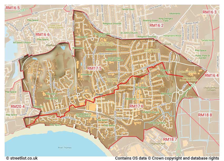 map showing postcode sectors within the RM17 district