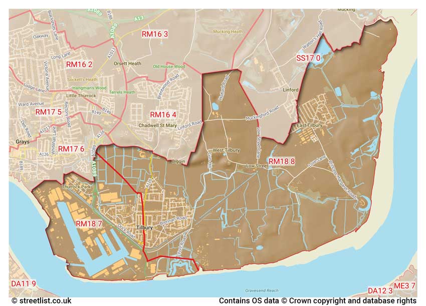 map showing postcode sectors within the RM18 district