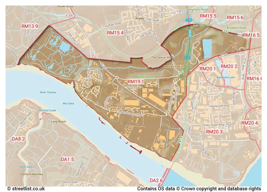 map showing postcode sectors within the RM19 district