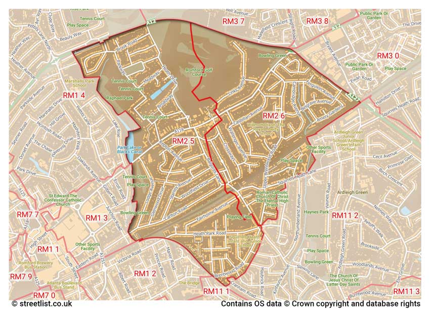 map showing postcode sectors within the RM2 district