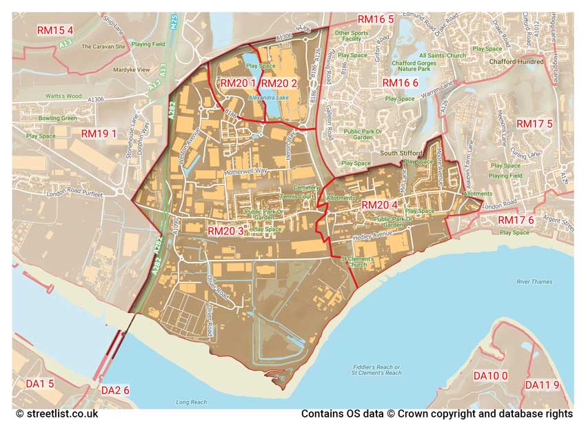 map showing postcode sectors within the RM20 district