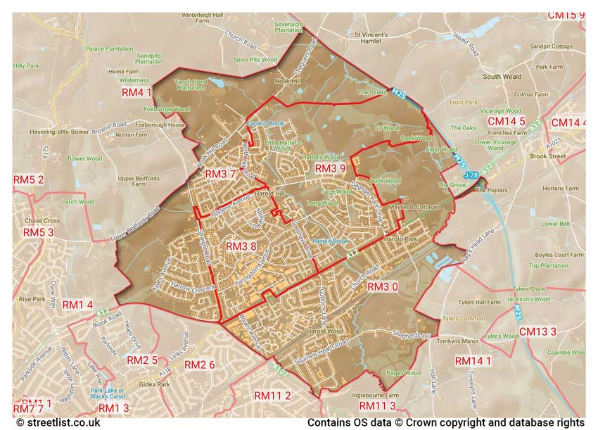 map showing postcode sectors within the RM3 district