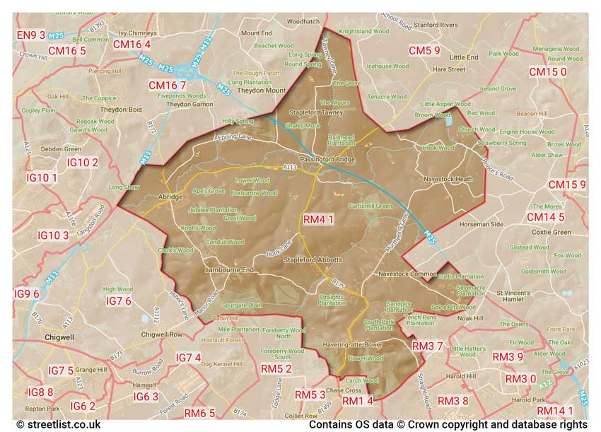 map showing postcode sectors within the RM4 district