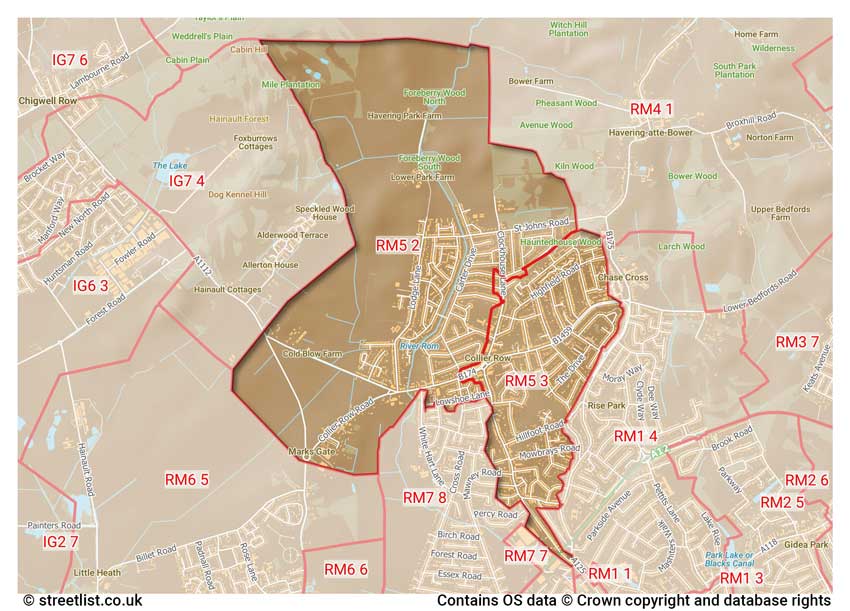 map showing postcode sectors within the RM5 district