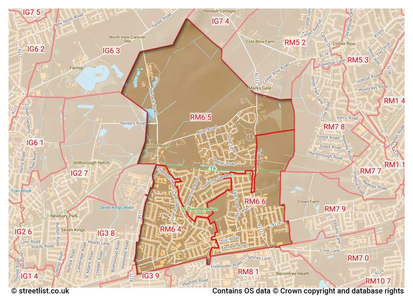 map showing postcode sectors within the RM6 district