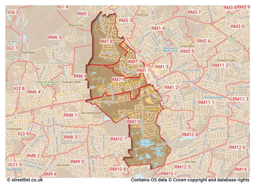 map showing postcode sectors within the RM7 district