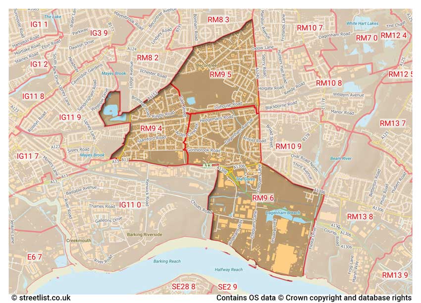 map showing postcode sectors within the RM9 district