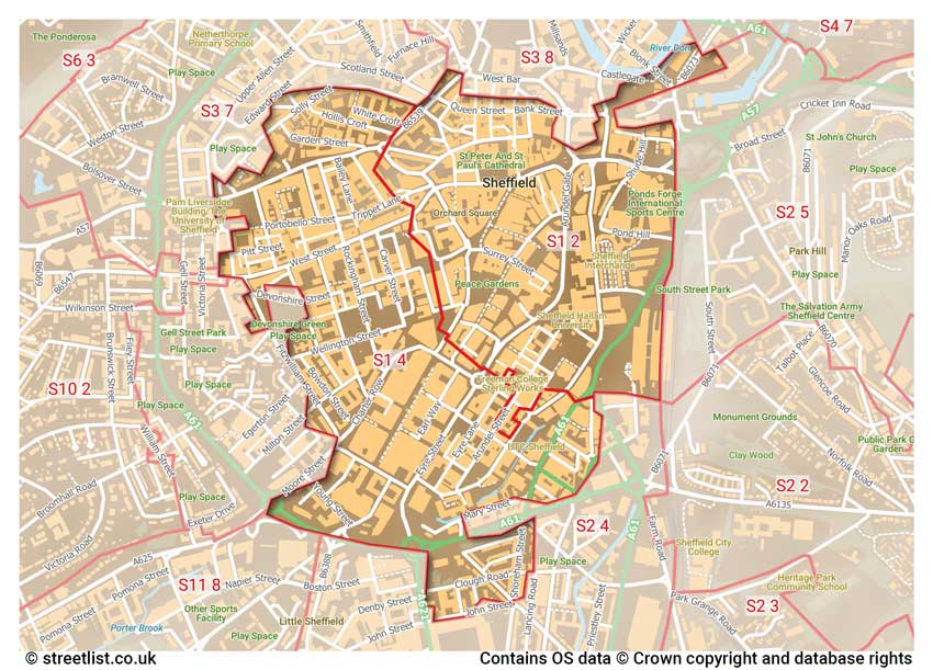 map showing postcode sectors within the S1 district