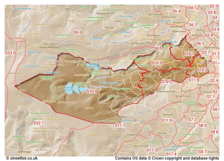 map showing postcode sectors within the S10 district