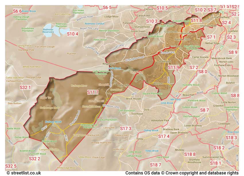 map showing postcode sectors within the S11 district