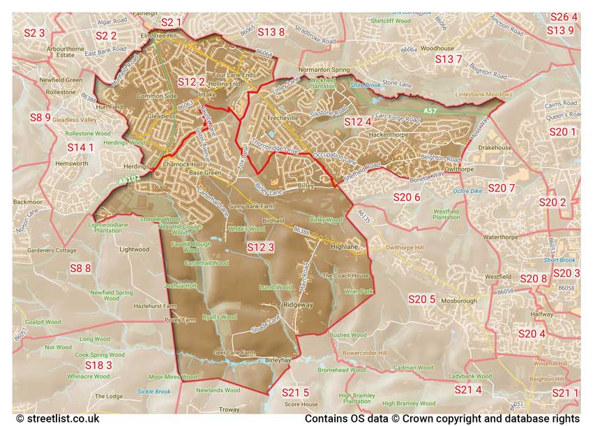 map showing postcode sectors within the S12 district