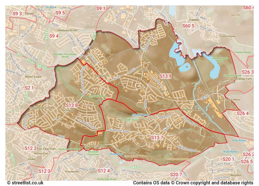 map showing postcode sectors within the S13 district