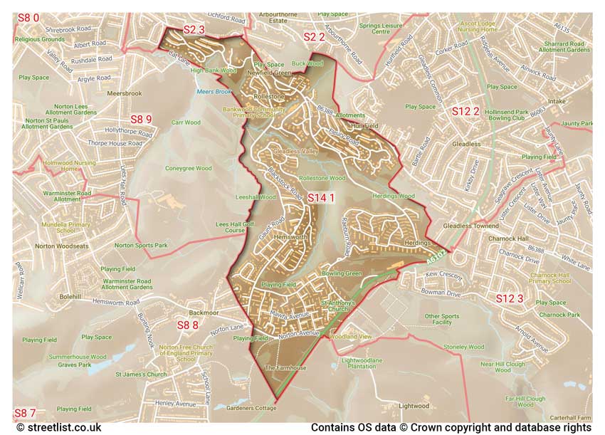 map showing postcode sectors within the S14 district