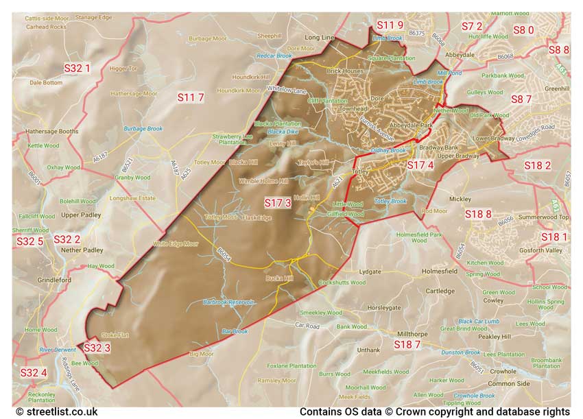 map showing postcode sectors within the S17 district