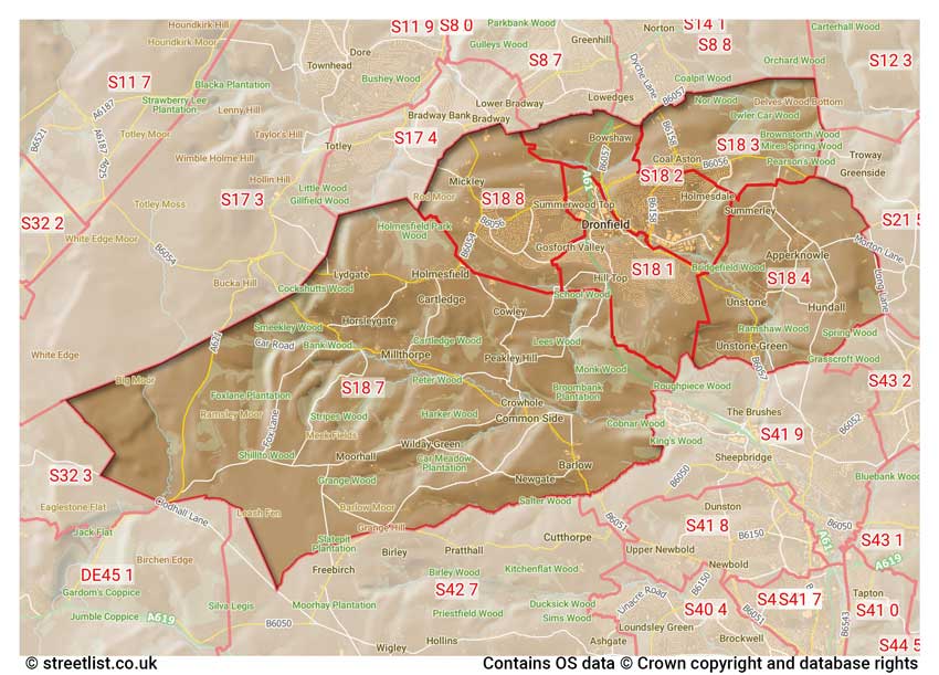 map showing postcode sectors within the S18 district