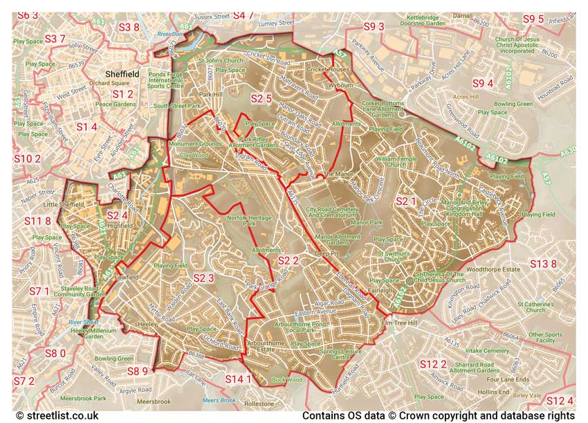 map showing postcode sectors within the S2 district