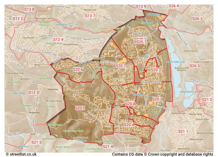 map showing postcode sectors within the S20 district