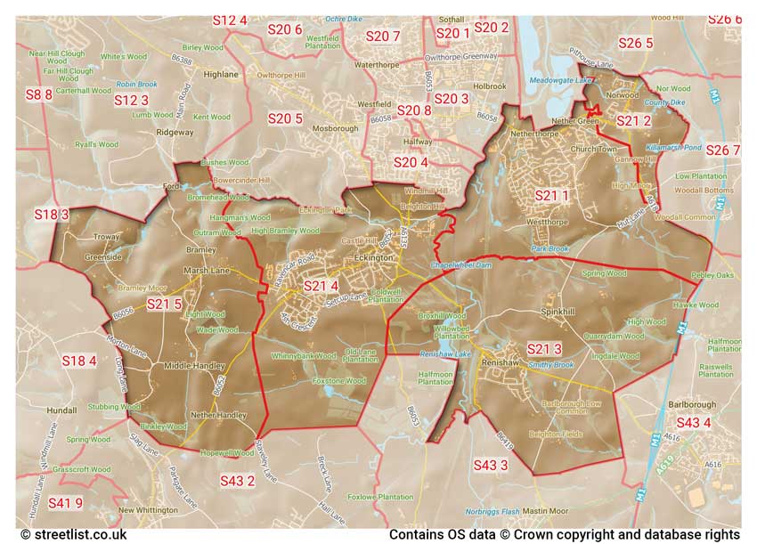 map showing postcode sectors within the S21 district