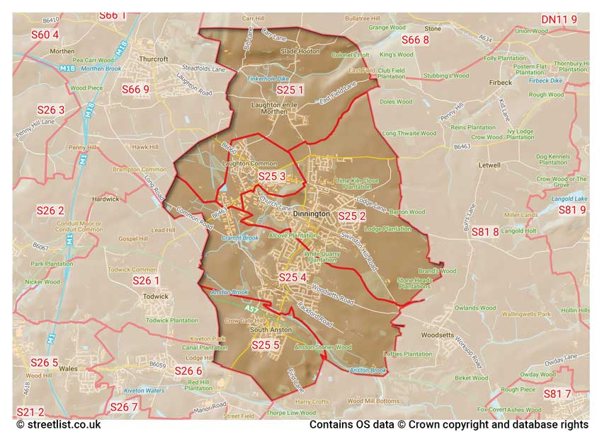 map showing postcode sectors within the S25 district