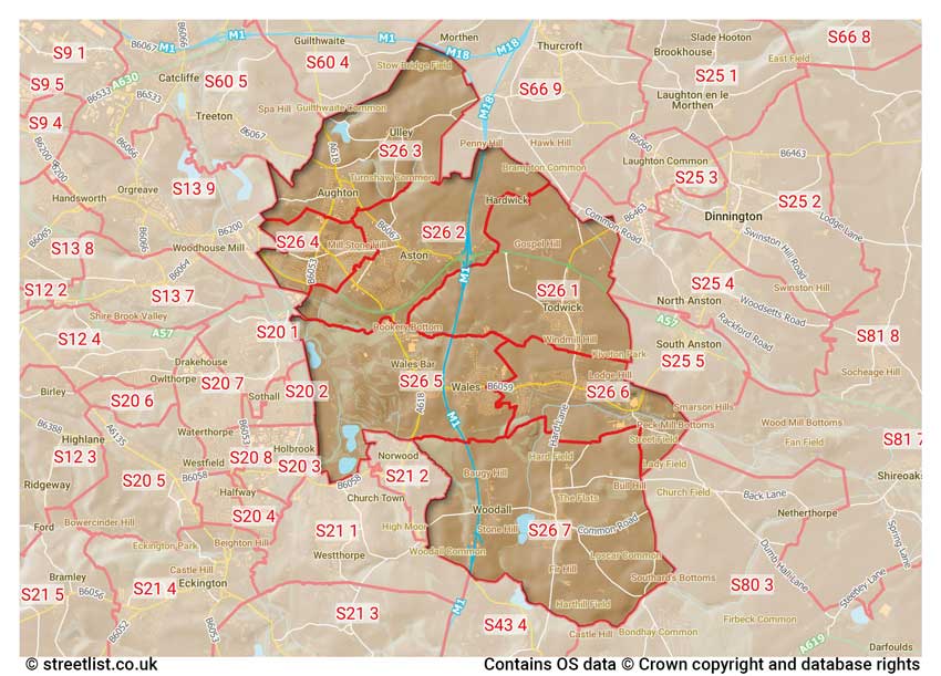 map showing postcode sectors within the S26 district