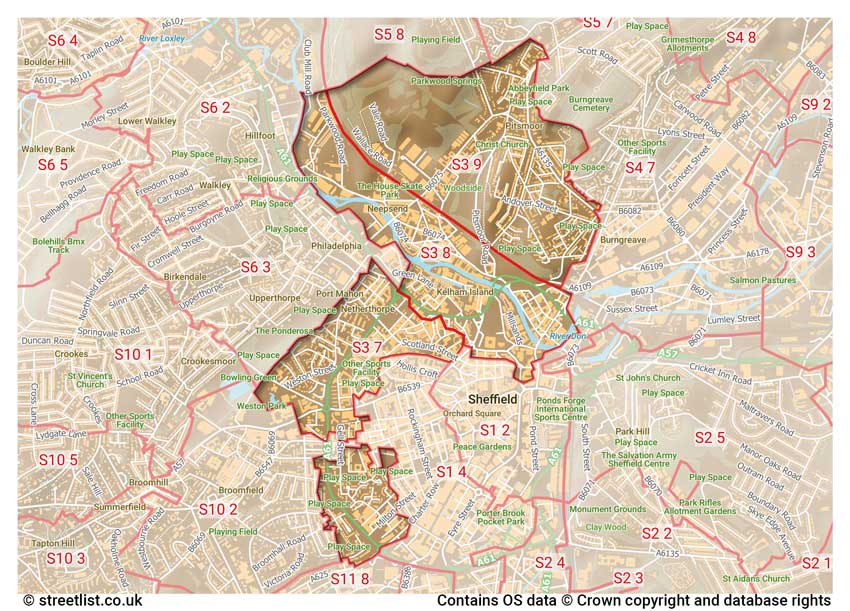 map showing postcode sectors within the S3 district