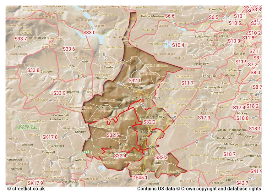 map showing postcode sectors within the S32 district