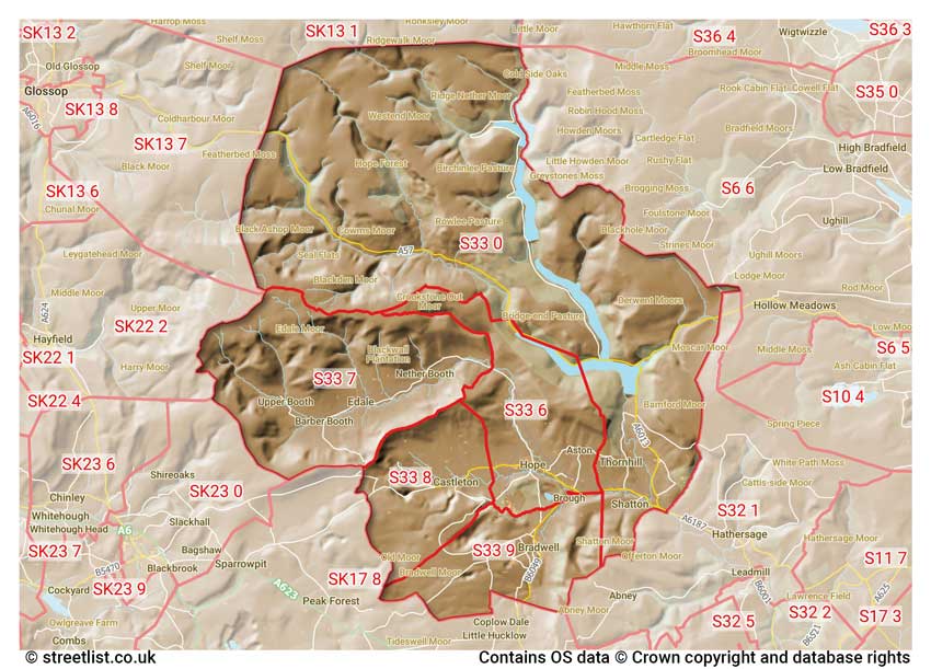 map showing postcode sectors within the S33 district