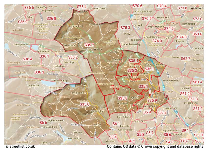 map showing postcode sectors within the S35 district