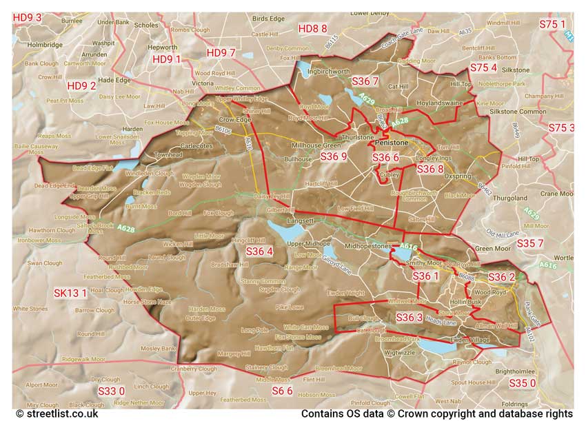 map showing postcode sectors within the S36 district