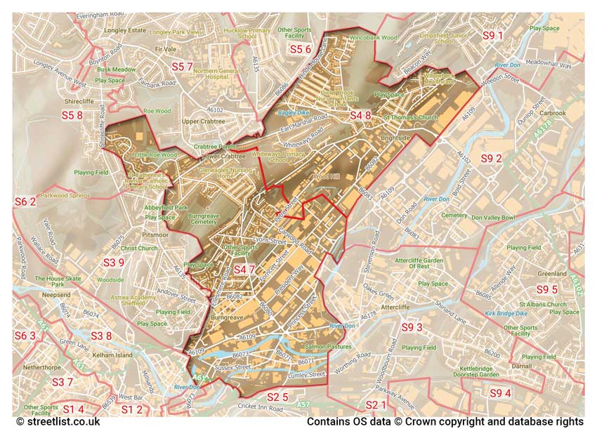 map showing postcode sectors within the S4 district