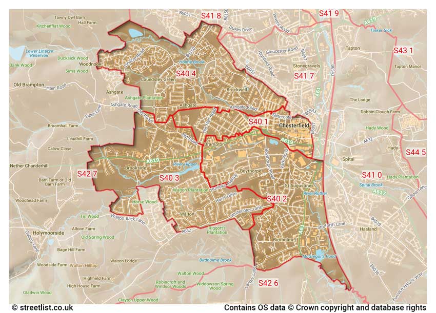 map showing postcode sectors within the S40 district