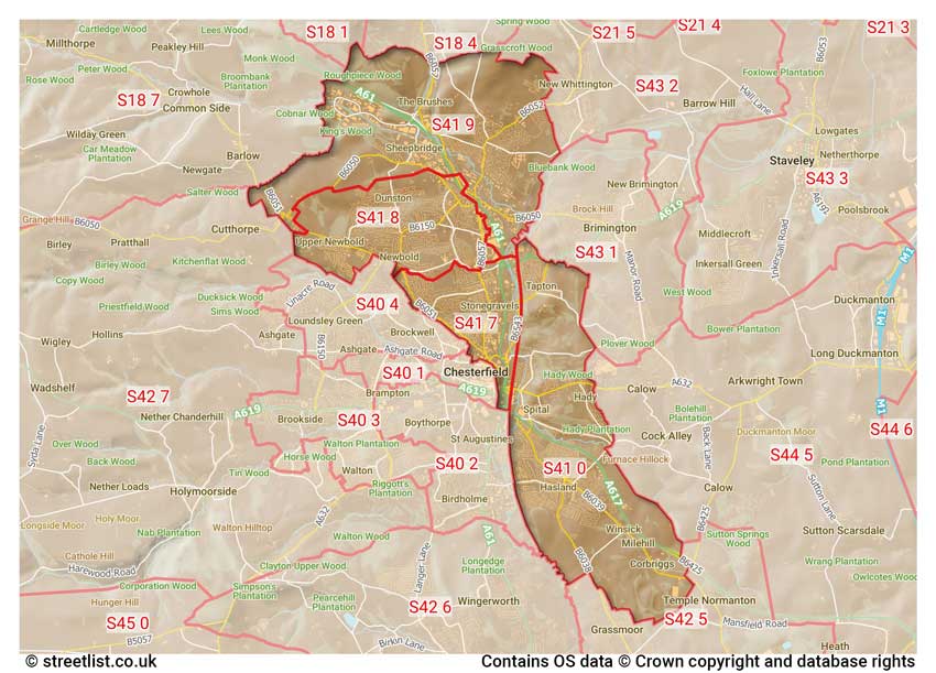 map showing postcode sectors within the S41 district