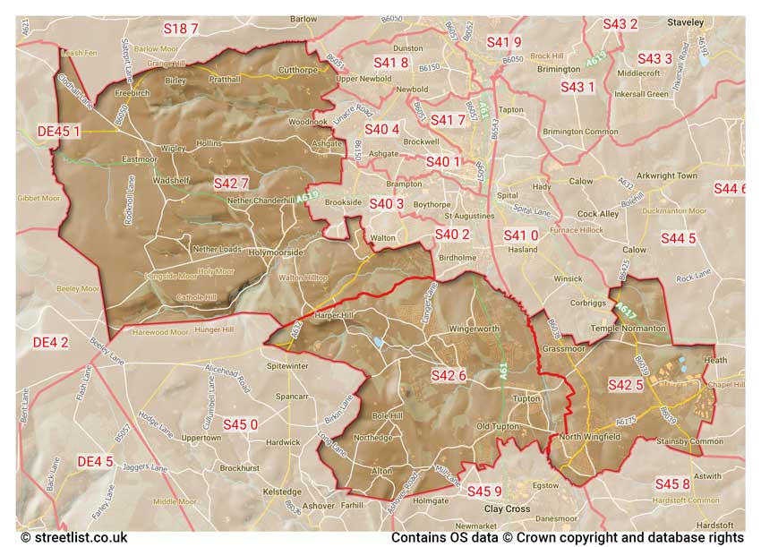 map showing postcode sectors within the S42 district