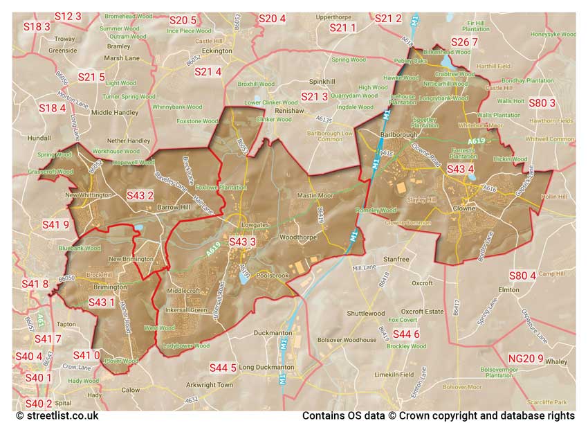 map showing postcode sectors within the S43 district