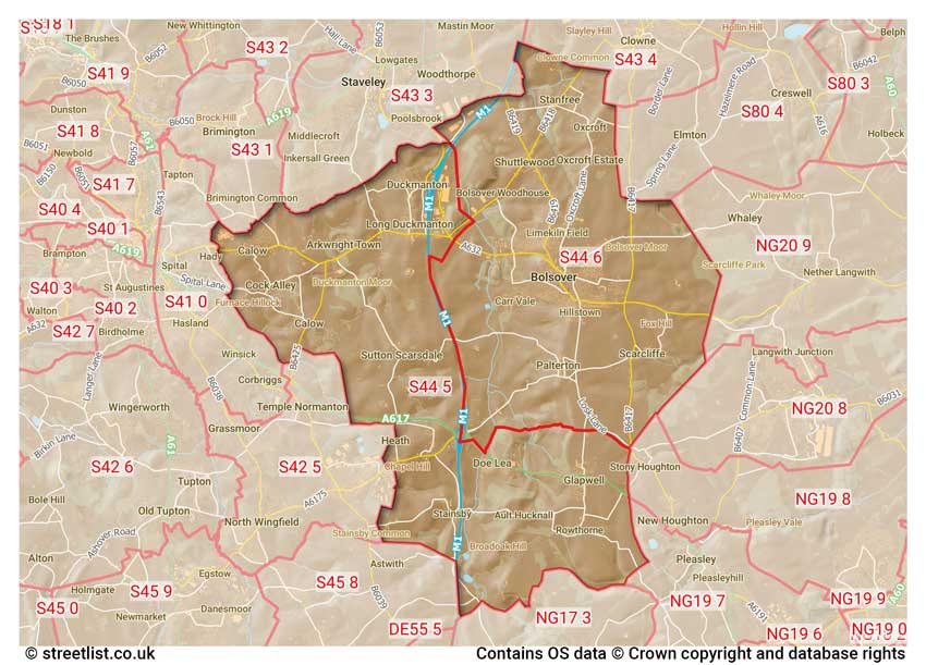 map showing postcode sectors within the S44 district