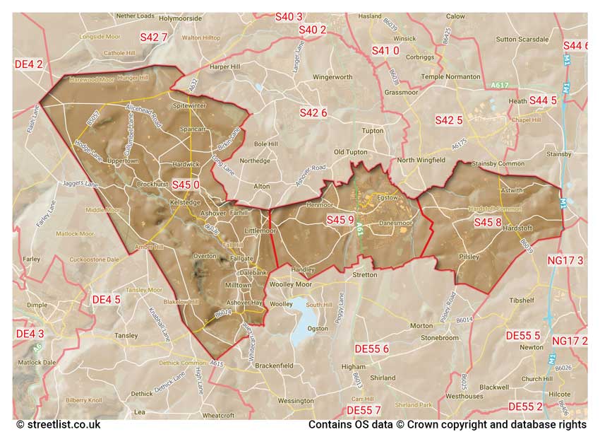 map showing postcode sectors within the S45 district