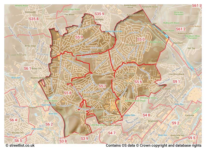 map showing postcode sectors within the S5 district