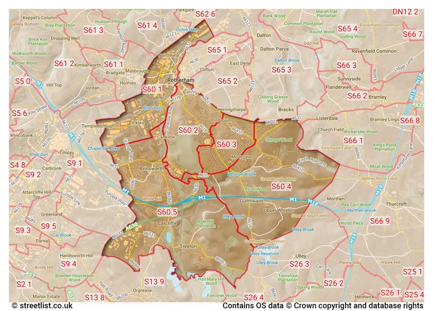 map showing postcode sectors within the S60 district