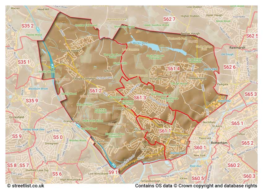 map showing postcode sectors within the S61 district