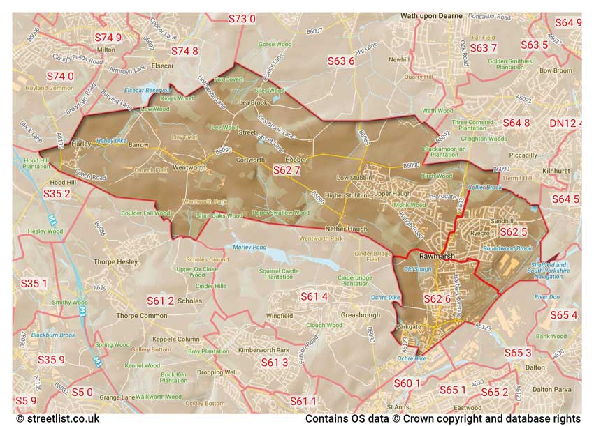 map showing postcode sectors within the S62 district