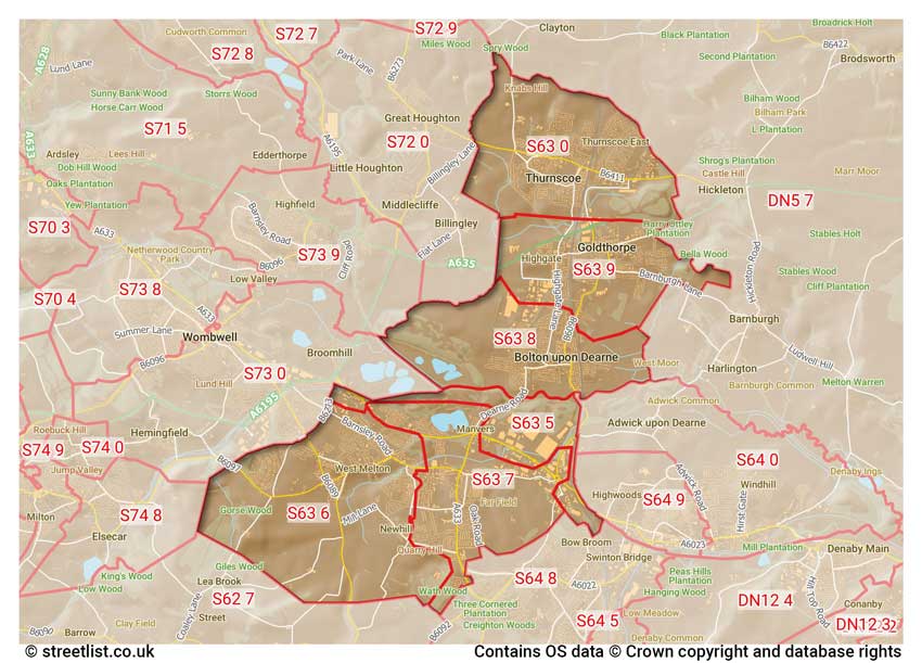 map showing postcode sectors within the S63 district