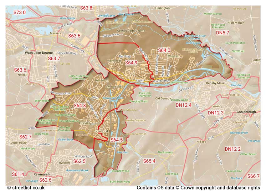 map showing postcode sectors within the S64 district