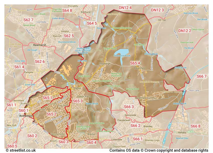 map showing postcode sectors within the S65 district