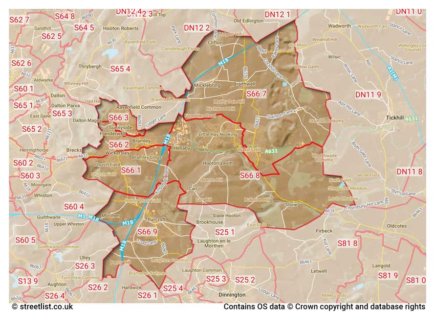 map showing postcode sectors within the S66 district