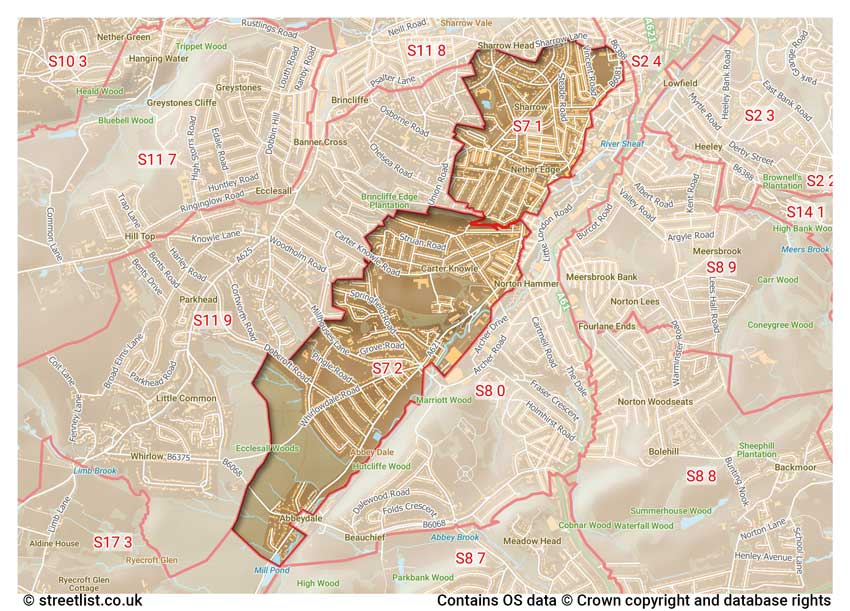 map showing postcode sectors within the S7 district